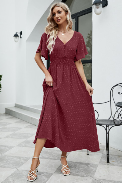 Dress V-neck short sleeve long skirt with large swing
