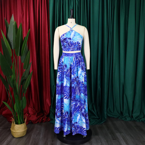 Fashion printing sexy binding top split skirt two-piece set