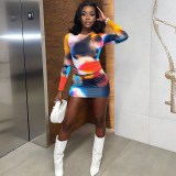 Round neck long-sleeved printed top mini skirt fashion suit
