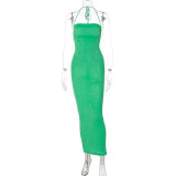 Fashionable sexy backless lace-up temperament long dress with bra and neck hanging dress