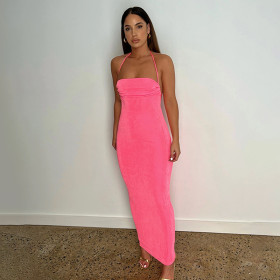 Fashionable sexy backless lace-up temperament long dress with bra and neck hanging dress