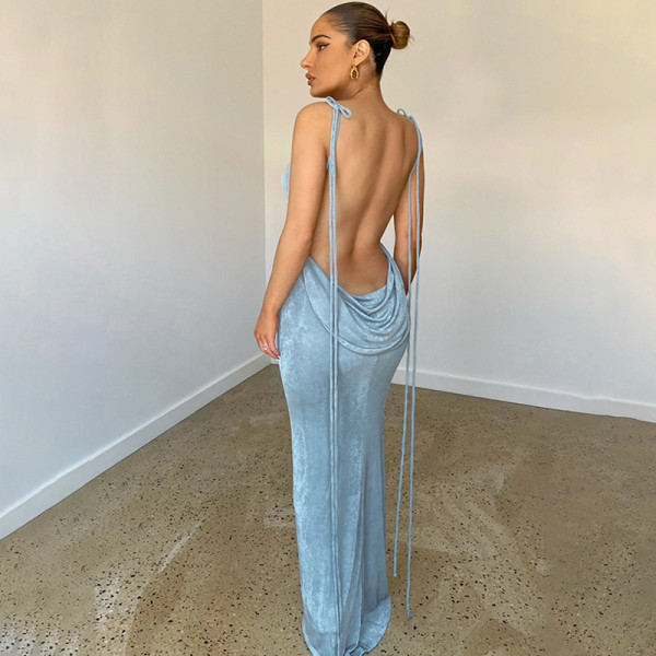 Fashionable sexy backless lace-up temperament long dress with bra and neck hanging dress