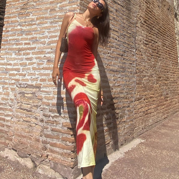 Sling celebrity private dress medium length printed pullover tight dress