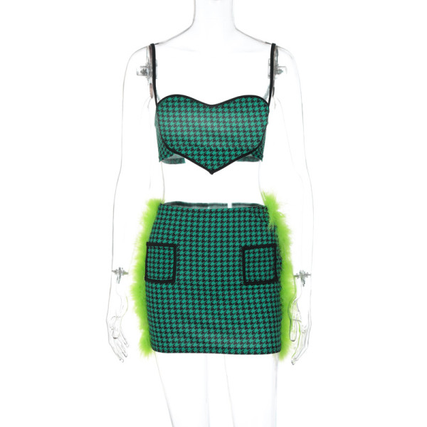 Thousand-bird check printed suspender breast wrapped wool skirt love skirt suit