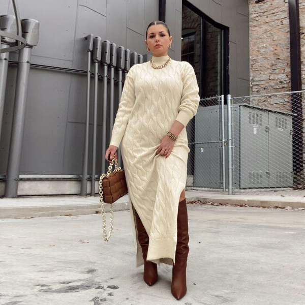 Slim semi high neck long sleeve split fried dough twist sweater