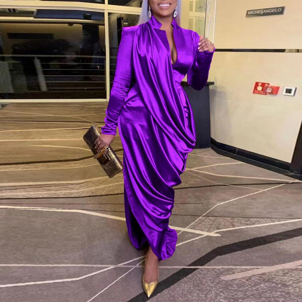 Sexy deep V pleated slim long sleeve dress