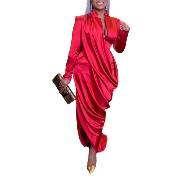 Sexy deep V pleated slim long sleeve dress