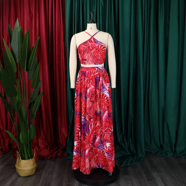 Fashion printing sexy binding top split skirt two-piece set