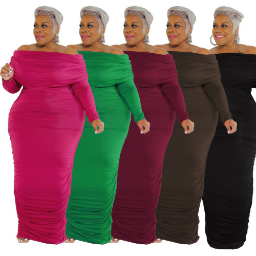 Solid color one-line collar fashionable sexy large women's dress