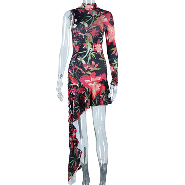 Stand-neck single long-sleeved ruffle irregular mid-length dress