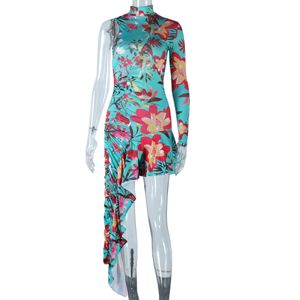 Stand-neck single long-sleeved ruffle irregular mid-length dress