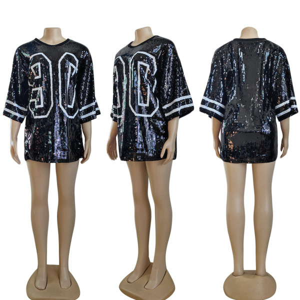 Fashion short-sleeved sexy shiny heavy work letter sequin loose dress