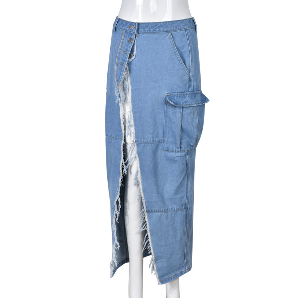 Fashion personality denim wash pocket split fringed skirt