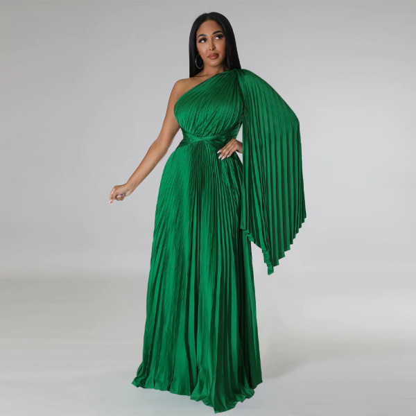 Single-shoulder pleated skirt with diagonal collar and waistband imitation silk dress