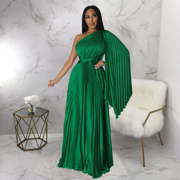 Single-shoulder pleated skirt with diagonal collar and waistband imitation silk dress