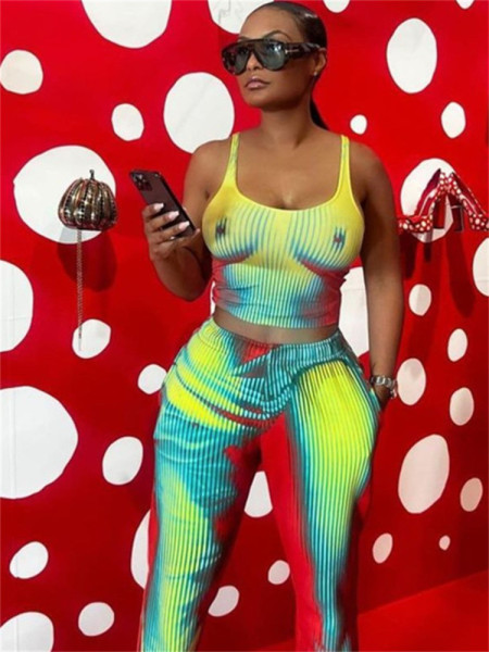 Printed tight-fitting women's suit slim elastic two-piece set