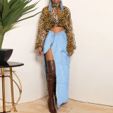 Fashion personality denim wash pocket split fringed skirt