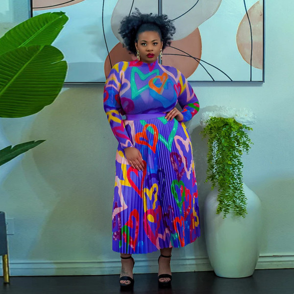 Printed pleated two-piece oversized skirt suit