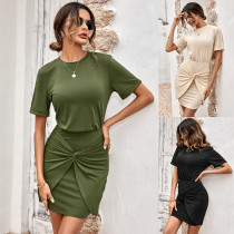 Casual solid color round neck knitted slim wrap hip dress Casual solid color round neck knitted slim wrap hip dress