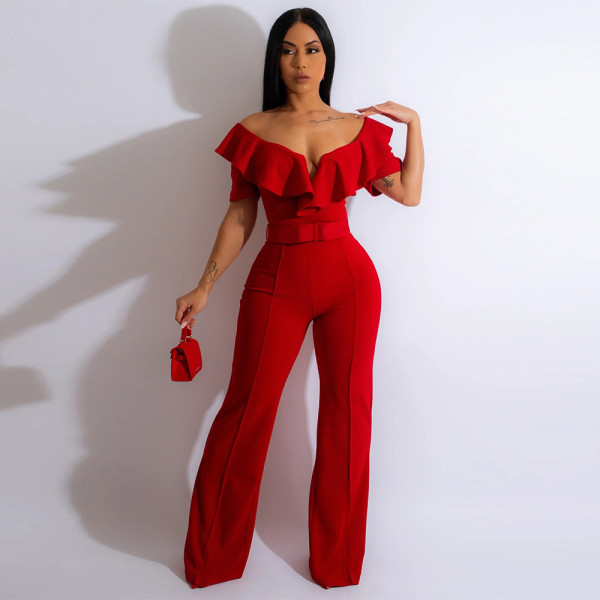 Women's V-neck ruffle sexy waistband jumpsuit