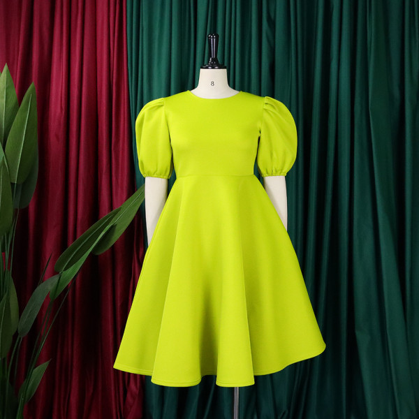 Round neck temperament bubble sleeve waist large swing light style A-line dress