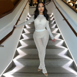 Women's trousers long-sleeved sexy round neck top perspective two-piece set