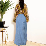 Fashion personality denim wash pocket split fringed skirt