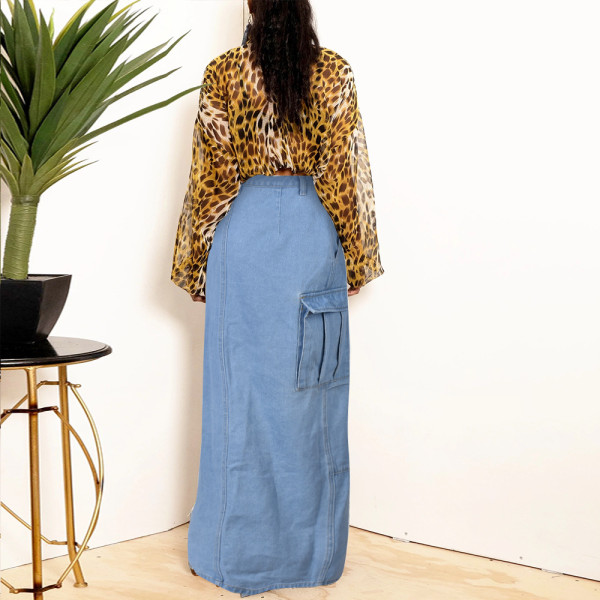 Fashion personality denim wash pocket split fringed skirt