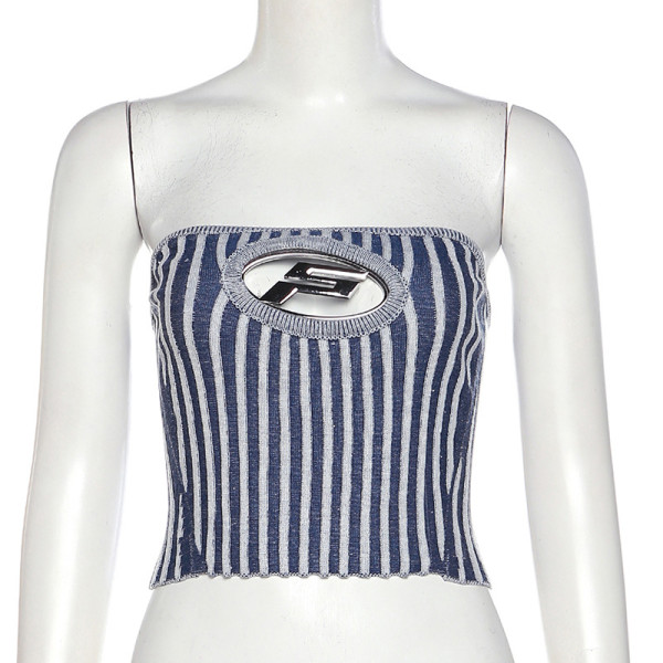 Women's fashion stripe print panel cut-out slim wrap chest top