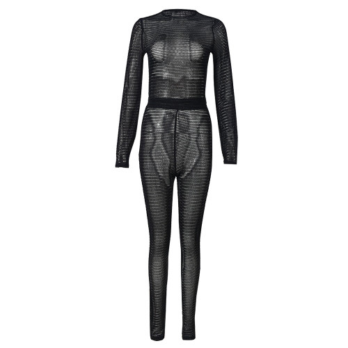 Women's trousers long-sleeved sexy round neck top perspective two-piece set