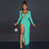 Hot Rhinestone Lace Deep V Two-Piece Two-Color Nightclub Clothes