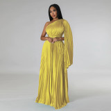 Single-shoulder pleated skirt with diagonal collar and waistband imitation silk dress