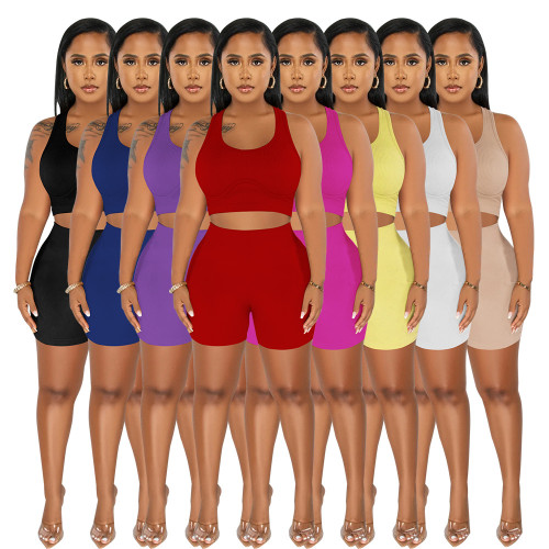 Casual sports two-piece U-neck sleeveless shorts set