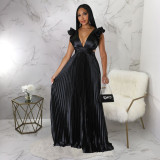 Imitation silk sexy backless deep V pleated dress
