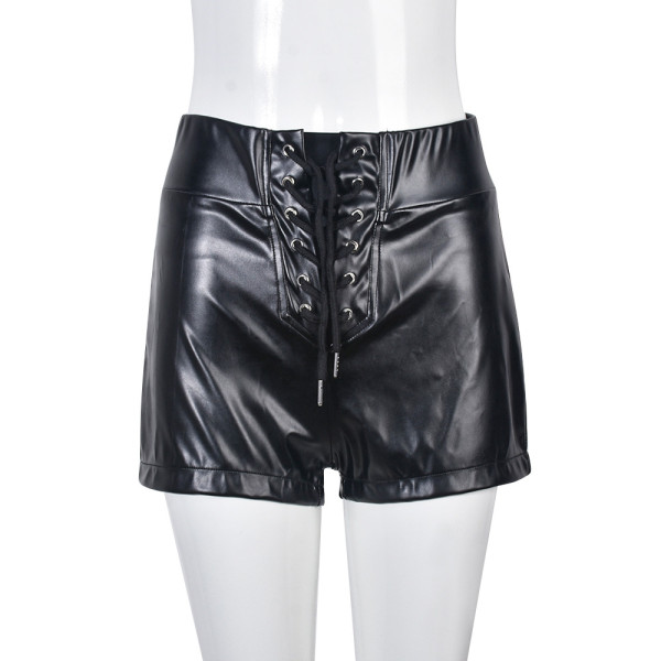 Hollow lace-up PU leather matte personality tights shorts