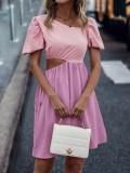 Women's diagonal collar open waist short sleeve dress