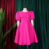 Round neck temperament bubble sleeve waist large swing light style A-line dress