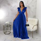 Imitation silk sexy backless deep V pleated dress