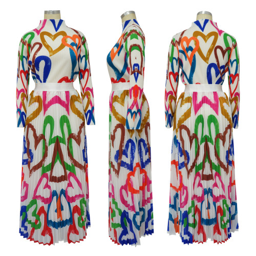 Printed pleated two-piece oversized skirt suit