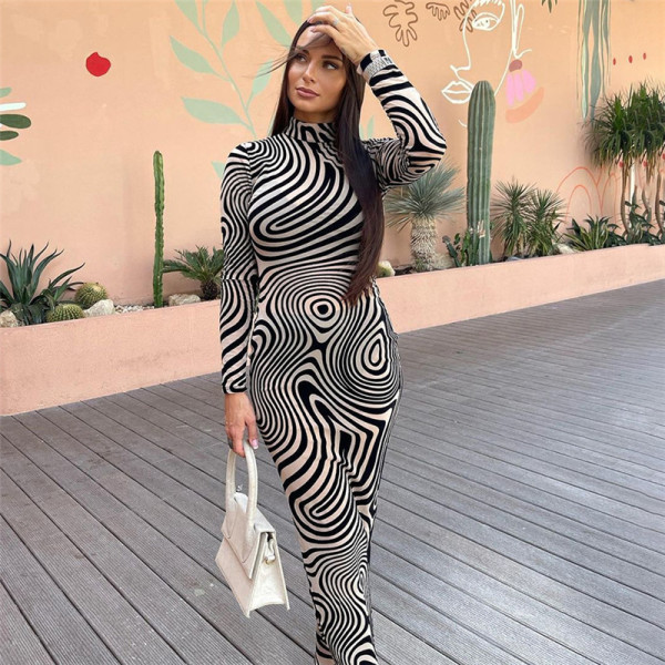 Fashion sexy mesh zebra print long-sleeved slim dress