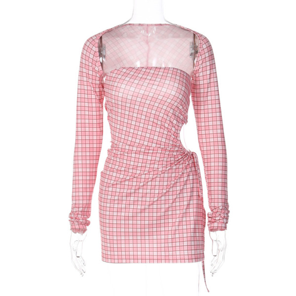 Checker print bra shawl high slit cut-out sexy dress