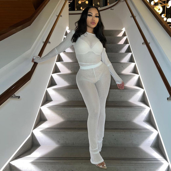 Women's trousers long-sleeved sexy round neck top perspective two-piece set