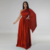 Single-shoulder pleated skirt with diagonal collar and waistband imitation silk dress