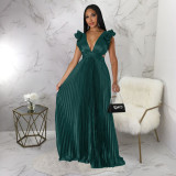 Imitation silk sexy backless deep V pleated dress