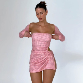 Checker print bra shawl high slit cut-out sexy dress