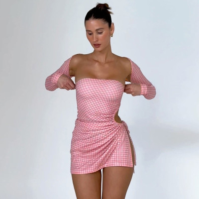 Checker print bra shawl high slit cut-out sexy dress