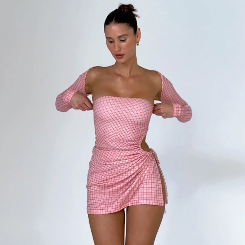 Checker print bra shawl high slit cut-out sexy dress