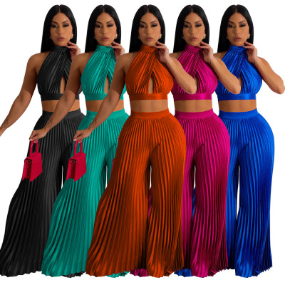 Hanging neck and backless imitation silk pleated wide leg pants two-piece set