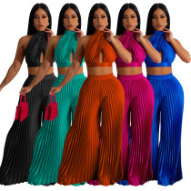 Hanging neck and backless imitation silk pleated wide leg pants two-piece set Hanging neck and backless imitation silk pleated wide leg pants two-piece set