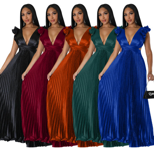 Imitation silk sexy backless deep V pleated dress